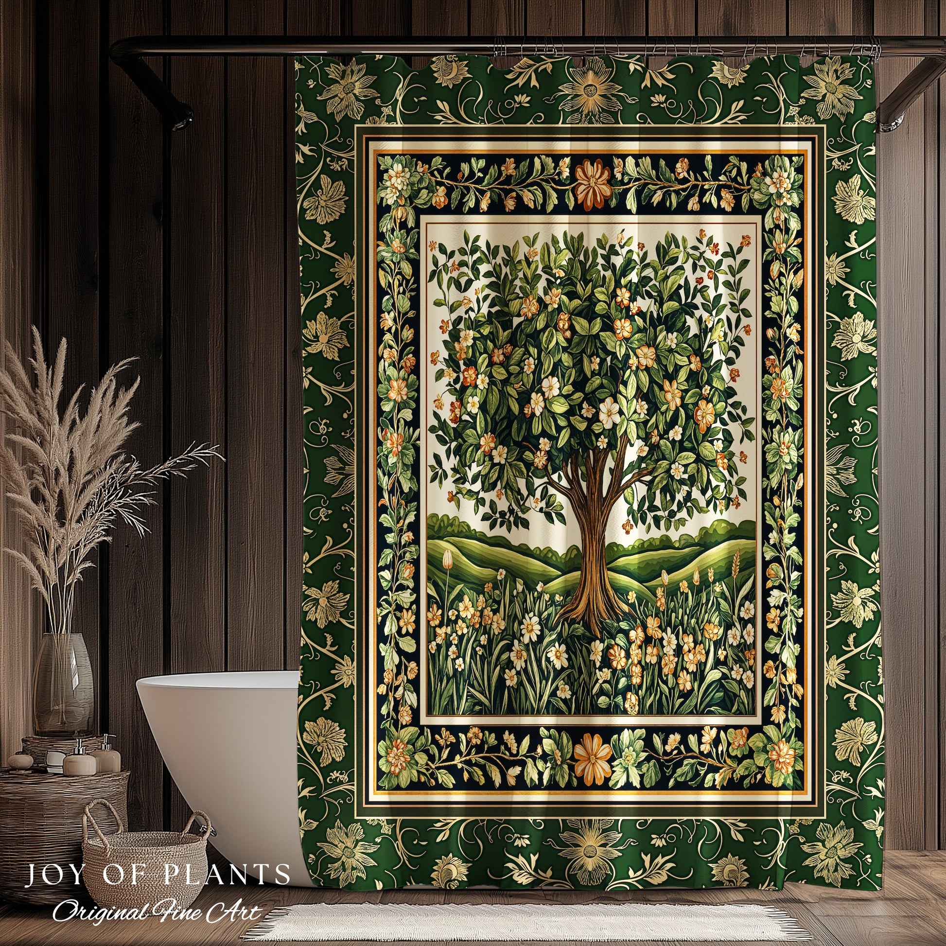 Emerald Green Floral Tree of Life Shower Curtain | Botanical Forestcore Folklore Vintage Floral Enchanted Cozy Cottagecore Whimsical Bath |