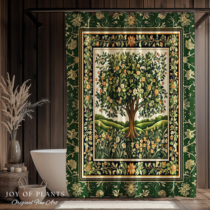 Emerald Green Floral Tree of Life Shower Curtain | Botanical Forestcore Folklore Vintage Floral Enchanted Cozy Cottagecore Whimsical Bath |