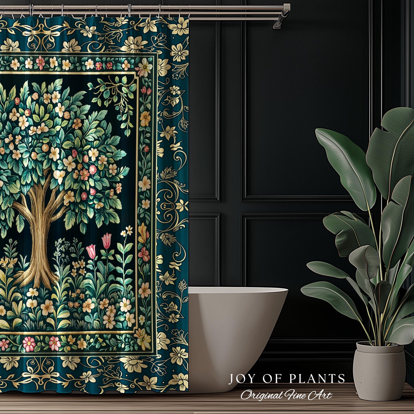 Folklore Forest Storybook Shower Curtain | Enchanted Floral Botanical Cozy Bathroom Tree Vintage Cottagecore Romantic Nature Aesthetic Bath
