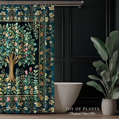 Folklore Forest Storybook Shower Curtain | Enchanted Floral Botanical Cozy Bathroom Tree Vintage Cottagecore Romantic Nature Aesthetic Bath