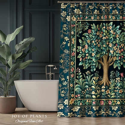 Folklore Forest Storybook Shower Curtain | Enchanted Floral Botanical Cozy Bathroom Tree Vintage Cottagecore Romantic Nature Aesthetic Bath