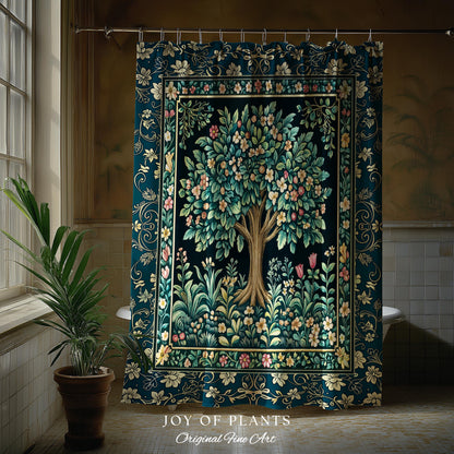 Folklore Forest Storybook Shower Curtain | Enchanted Floral Botanical Cozy Bathroom Tree Vintage Cottagecore Romantic Nature Aesthetic Bath