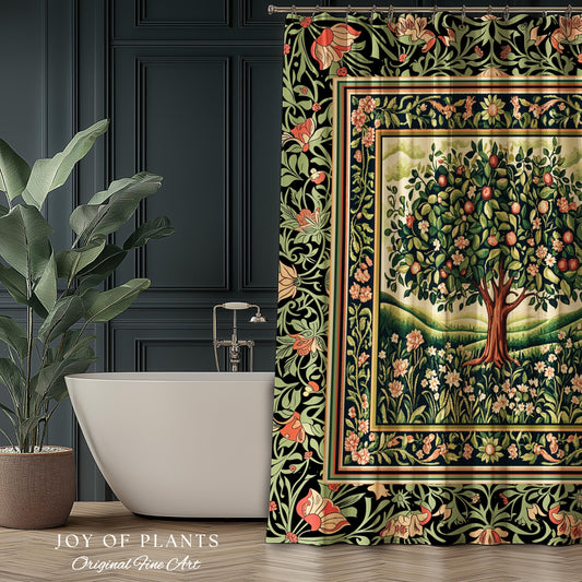 Enchanted Cottagecore Tree Shower Curtain | Romantic Pattern Whimsical Garden Soft Folklore Cozy Accent Natural Old World Classic Bathroom |