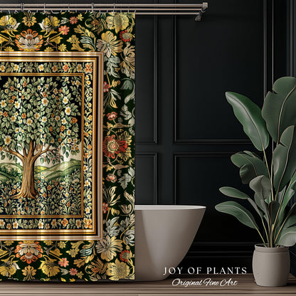 Rustic Fairytale Tree Bathroom Accent | Cozy Enchanted Nature Shower Curtain Romantic Forest Ethereal Vintage Floral Woodland Storybook Art