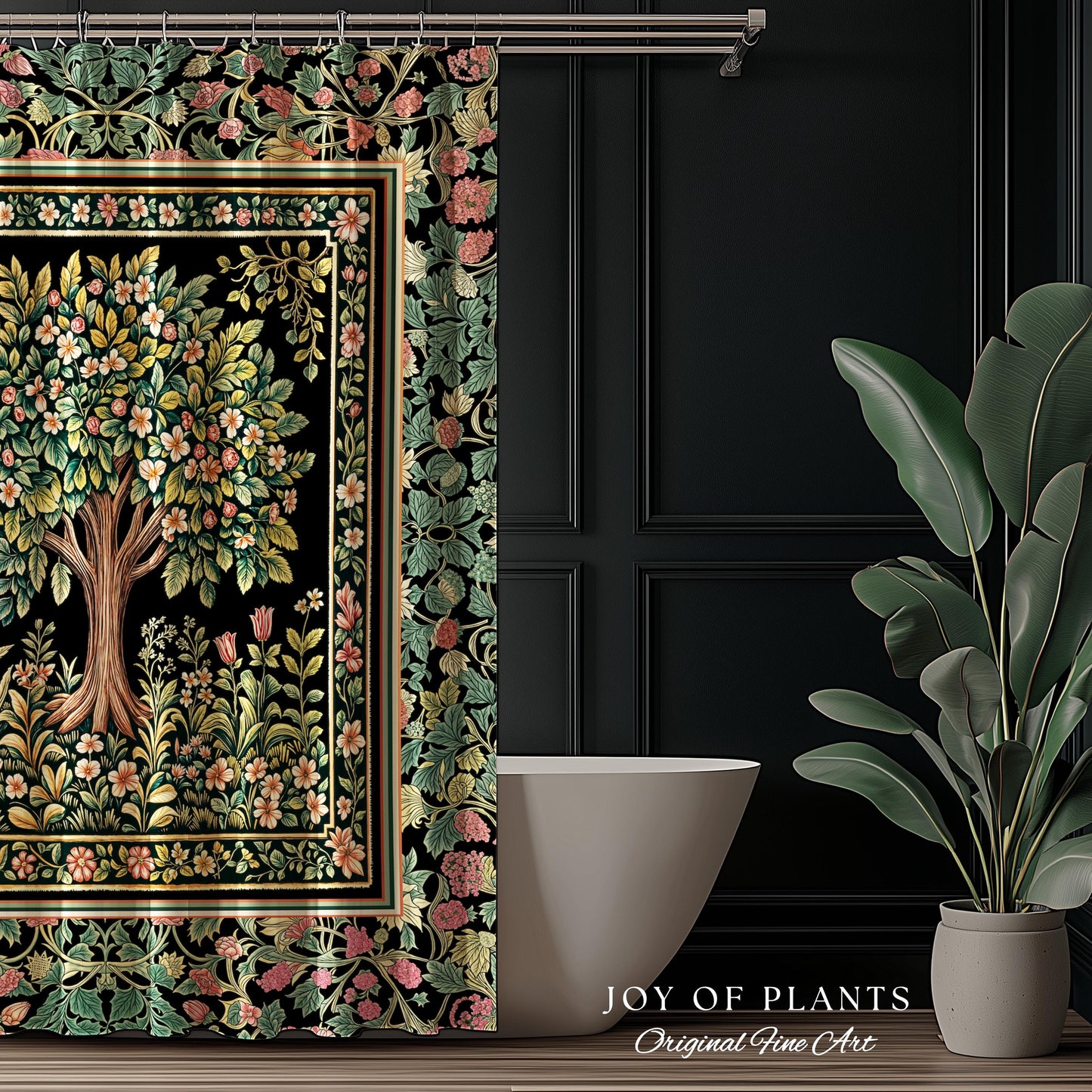 Fairy Garden Tree of Life Shower Curtain | Cottagecore Countryside Romantic Floral Landscape Whimsical Chateau Botanical Bathroom Accent |