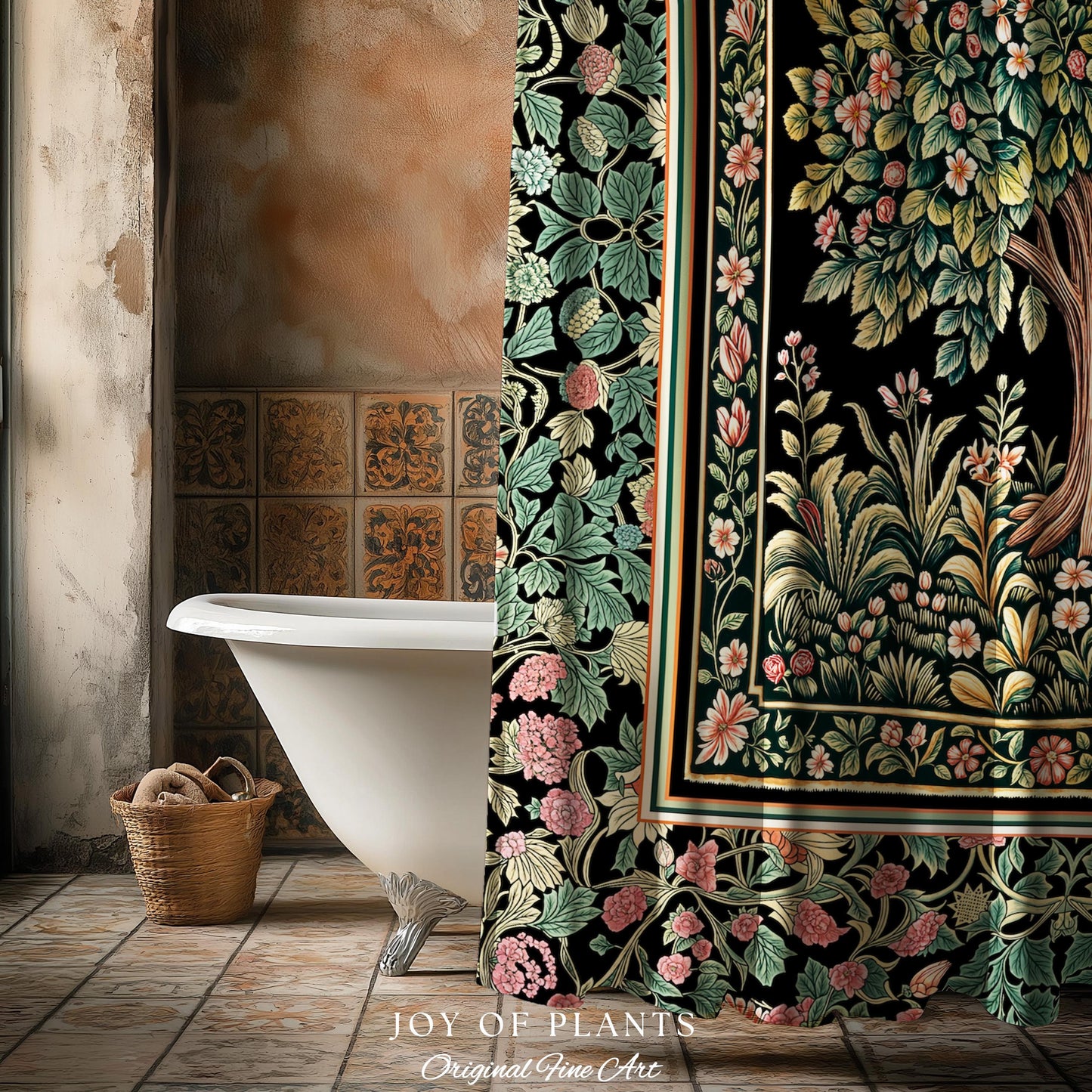 Fairy Garden Tree of Life Shower Curtain | Cottagecore Countryside Romantic Floral Landscape Whimsical Chateau Botanical Bathroom Accent |