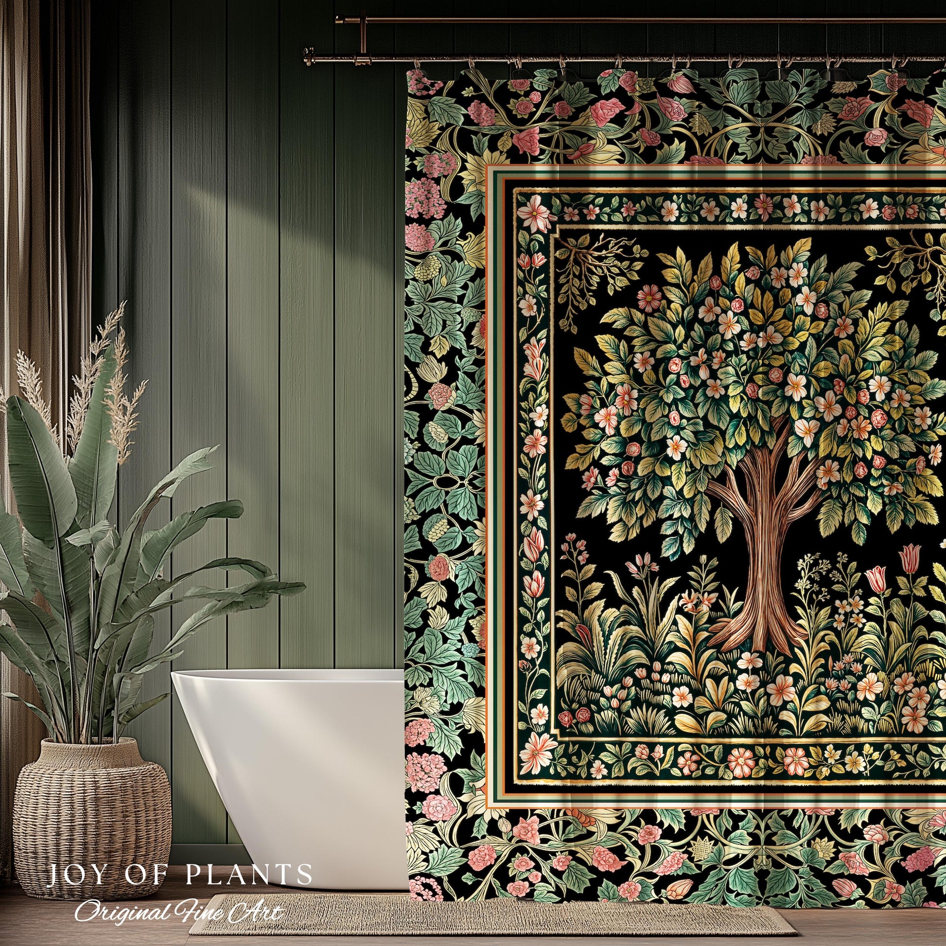 Fairy Garden Tree of Life Shower Curtain | Cottagecore Countryside Romantic Floral Landscape Whimsical Chateau Botanical Bathroom Accent |