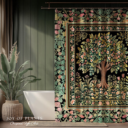 Fairy Garden Tree of Life Shower Curtain | Cottagecore Countryside Romantic Floral Landscape Whimsical Chateau Botanical Bathroom Accent |