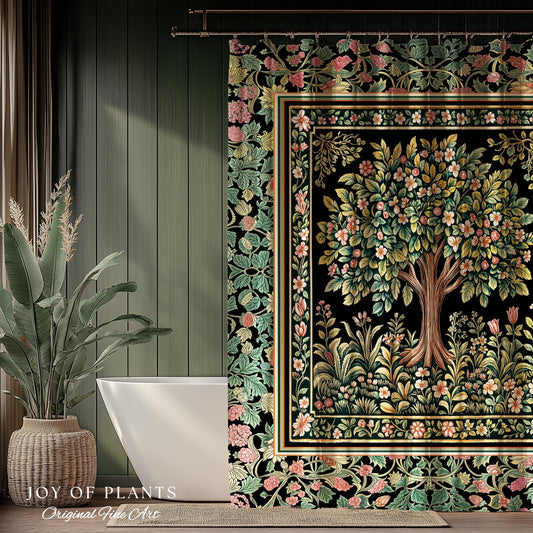 Fairy Garden Tree of Life Shower Curtain | Cottagecore Countryside Romantic Floral Landscape Whimsical Chateau Botanical Bathroom Accent |