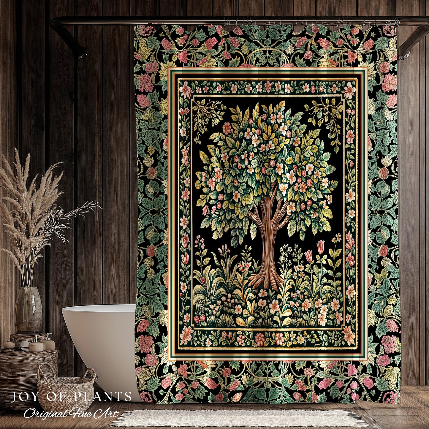 Fairy Garden Tree of Life Shower Curtain | Cottagecore Countryside Romantic Floral Landscape Whimsical Chateau Botanical Bathroom Accent |