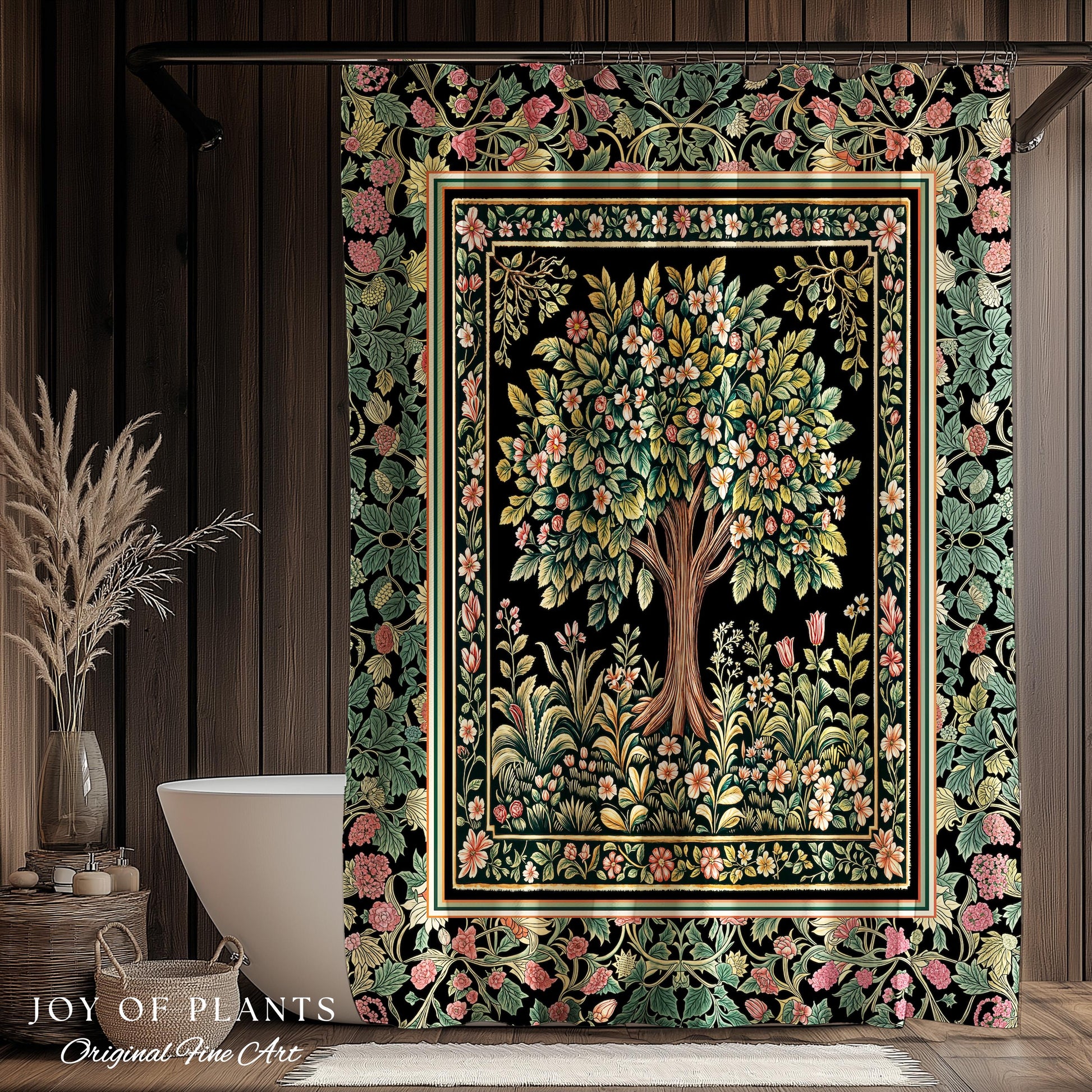 Fairy Garden Tree of Life Shower Curtain | Cottagecore Countryside Romantic Floral Landscape Whimsical Chateau Botanical Bathroom Accent |