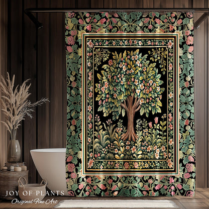 Fairy Garden Tree of Life Shower Curtain | Cottagecore Countryside Romantic Floral Landscape Whimsical Chateau Botanical Bathroom Accent |