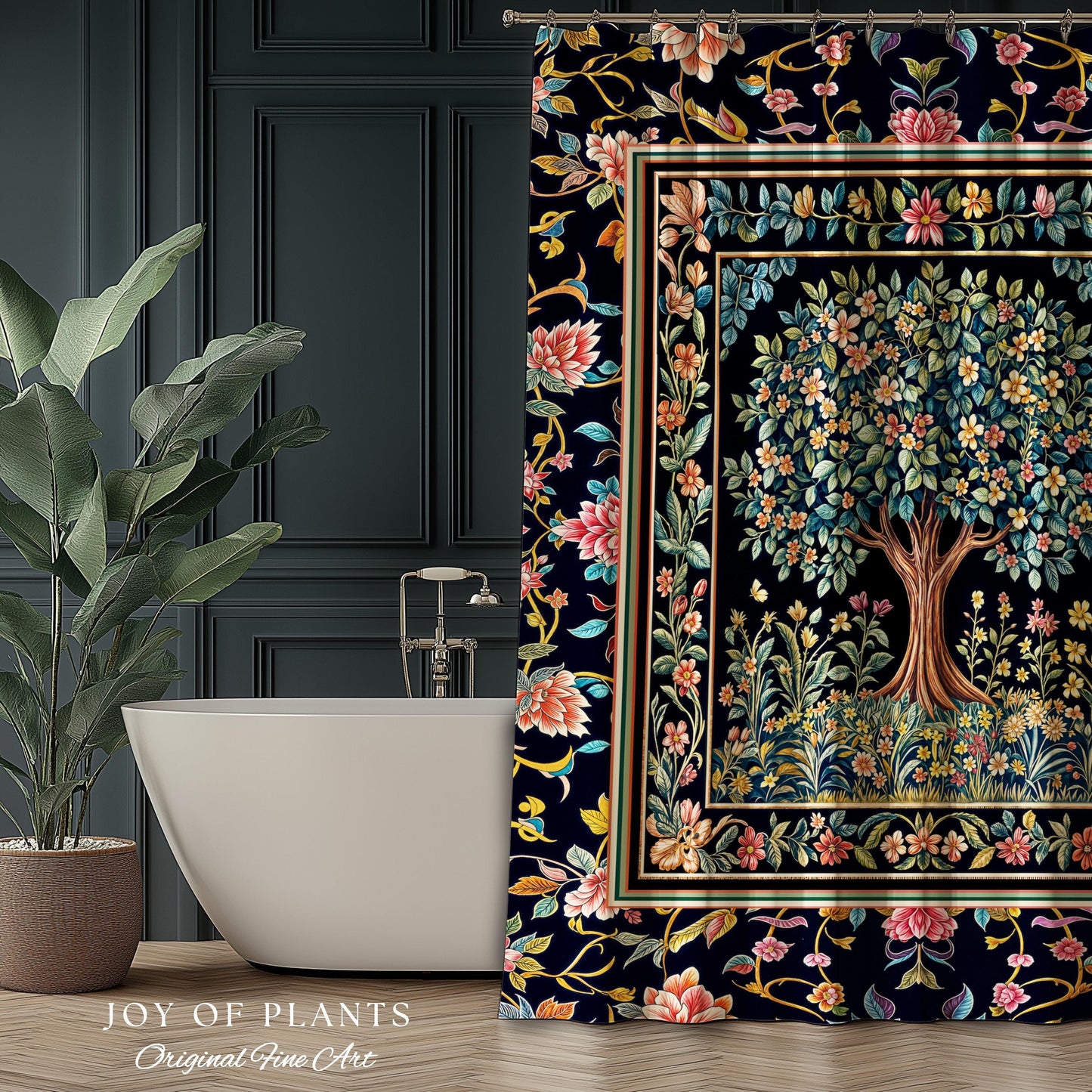 Eclectic Whimsy Tree of Life Bathroom Accent | Colorful Shower Curtain Forest Fairy Cottagecore Garden Folklore Floral Enchanted Pastel Bath