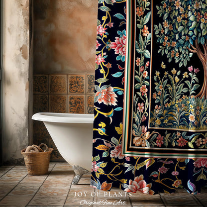 Eclectic Whimsy Tree of Life Bathroom Accent | Colorful Shower Curtain Forest Fairy Cottagecore Garden Folklore Floral Enchanted Pastel Bath
