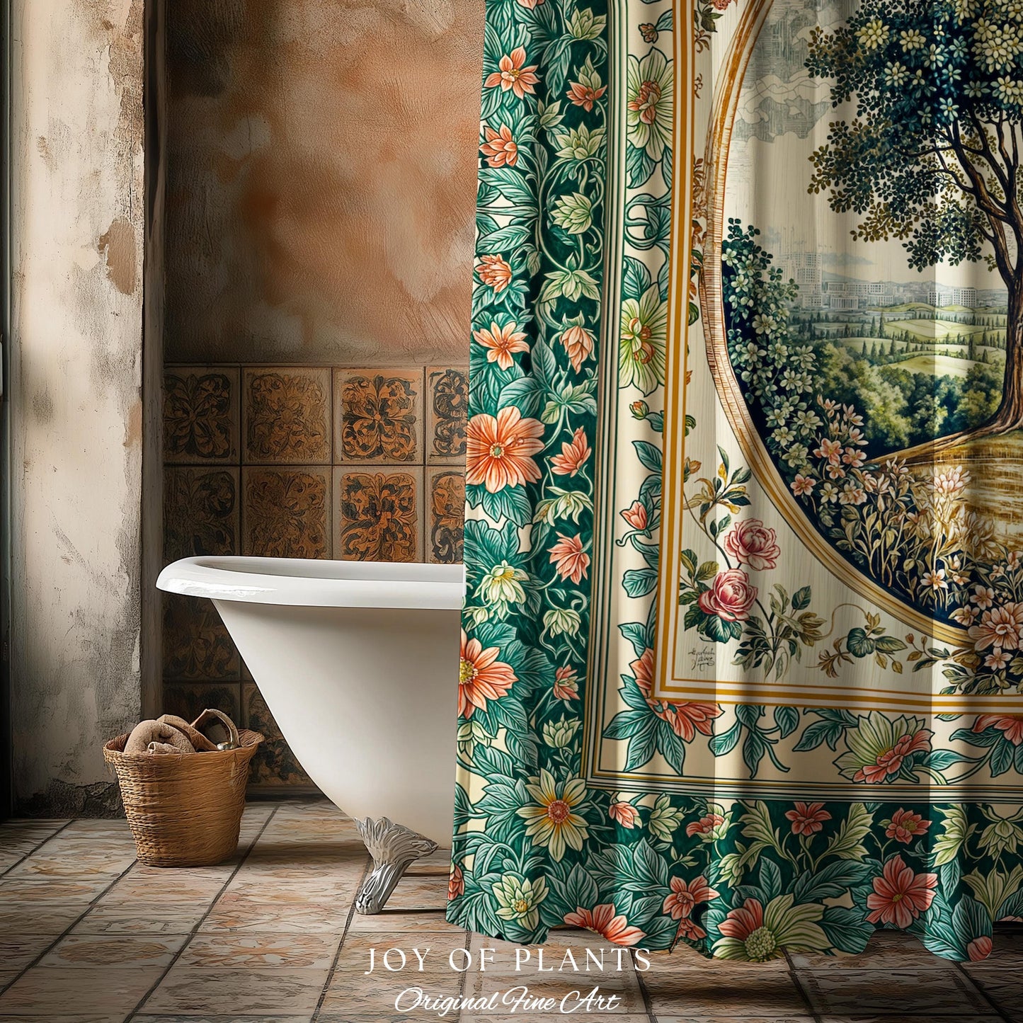 Romantic Ornate Botanical Countryside Bathroom | Victorian Shower Curtain Antique Botanical French Garden Style Chateau Floral Classical |