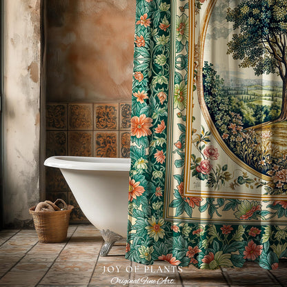 Romantic Ornate Botanical Countryside Bathroom | Victorian Shower Curtain Antique Botanical French Garden Style Chateau Floral Classical |