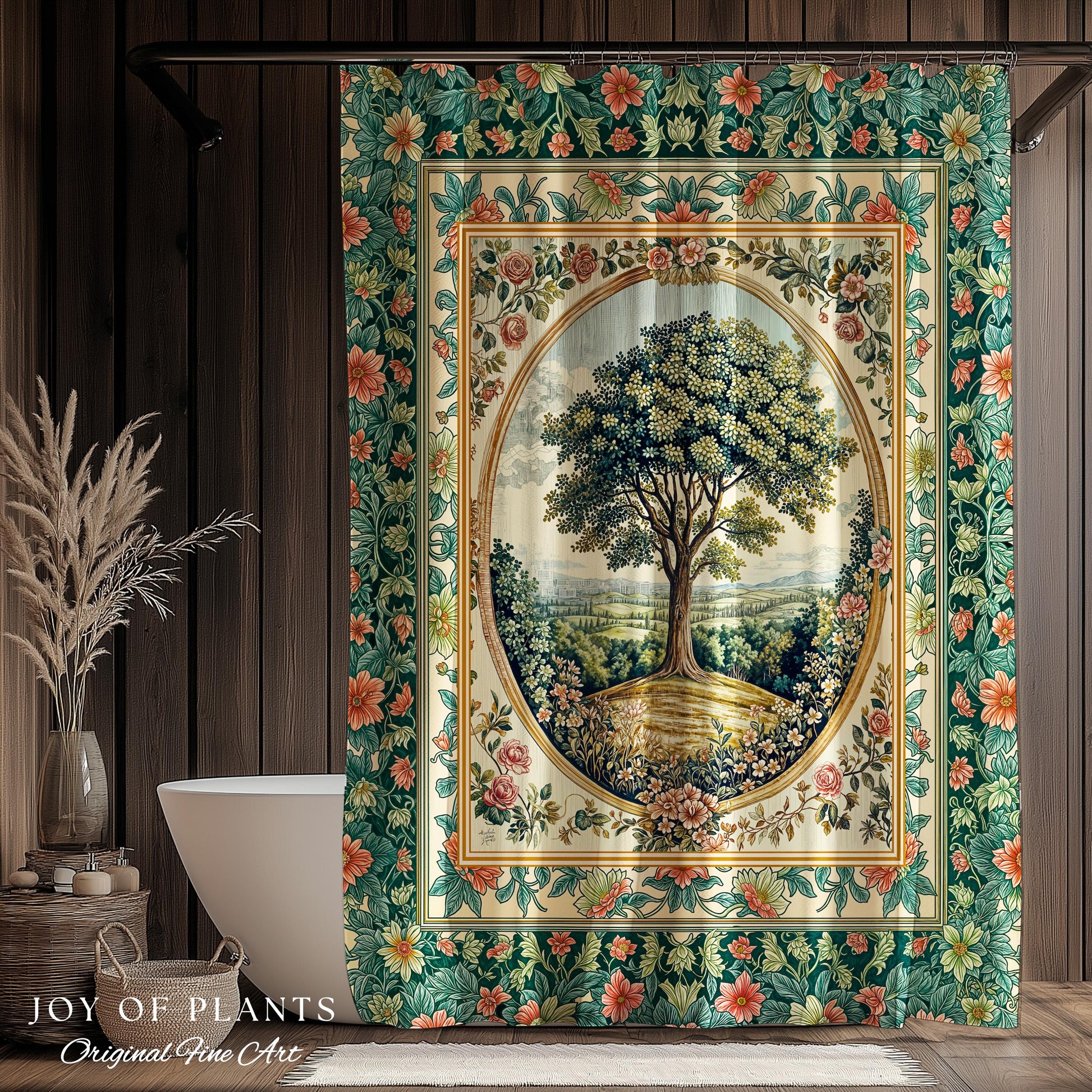 Romantic Ornate Botanical Countryside Bathroom | Victorian Shower Curtain Antique Botanical French Garden Style Chateau Floral Classical |