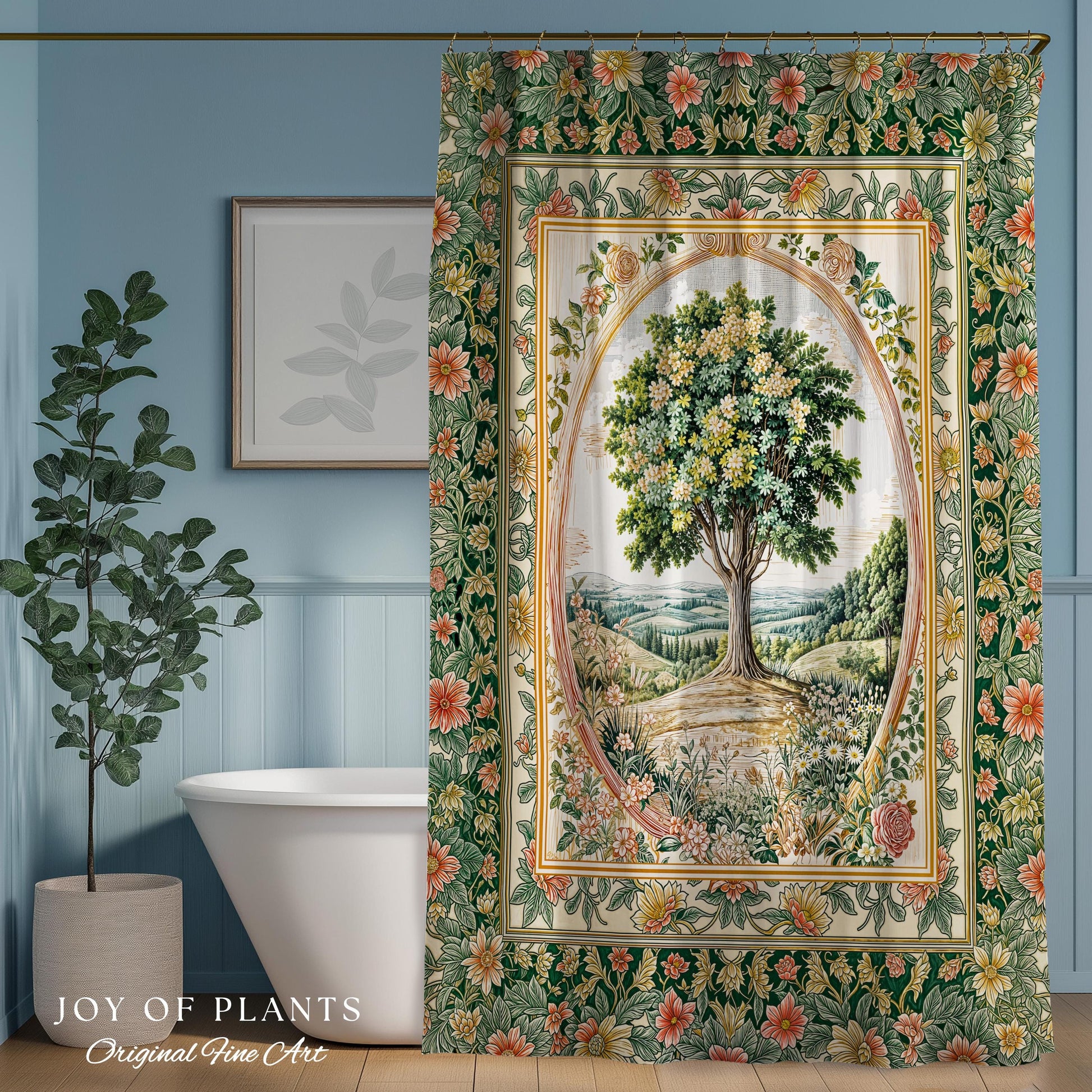 Chateau Garden Tree of Life Shower Curtain | French Provincial Landscape Antique Floral Accent Romantic Aesthetic Victorian Bathroom Decor |