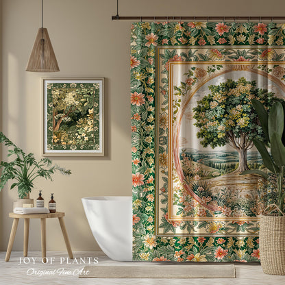 Chateau Garden Tree of Life Shower Curtain | French Provincial Landscape Antique Floral Accent Romantic Aesthetic Victorian Bathroom Decor |