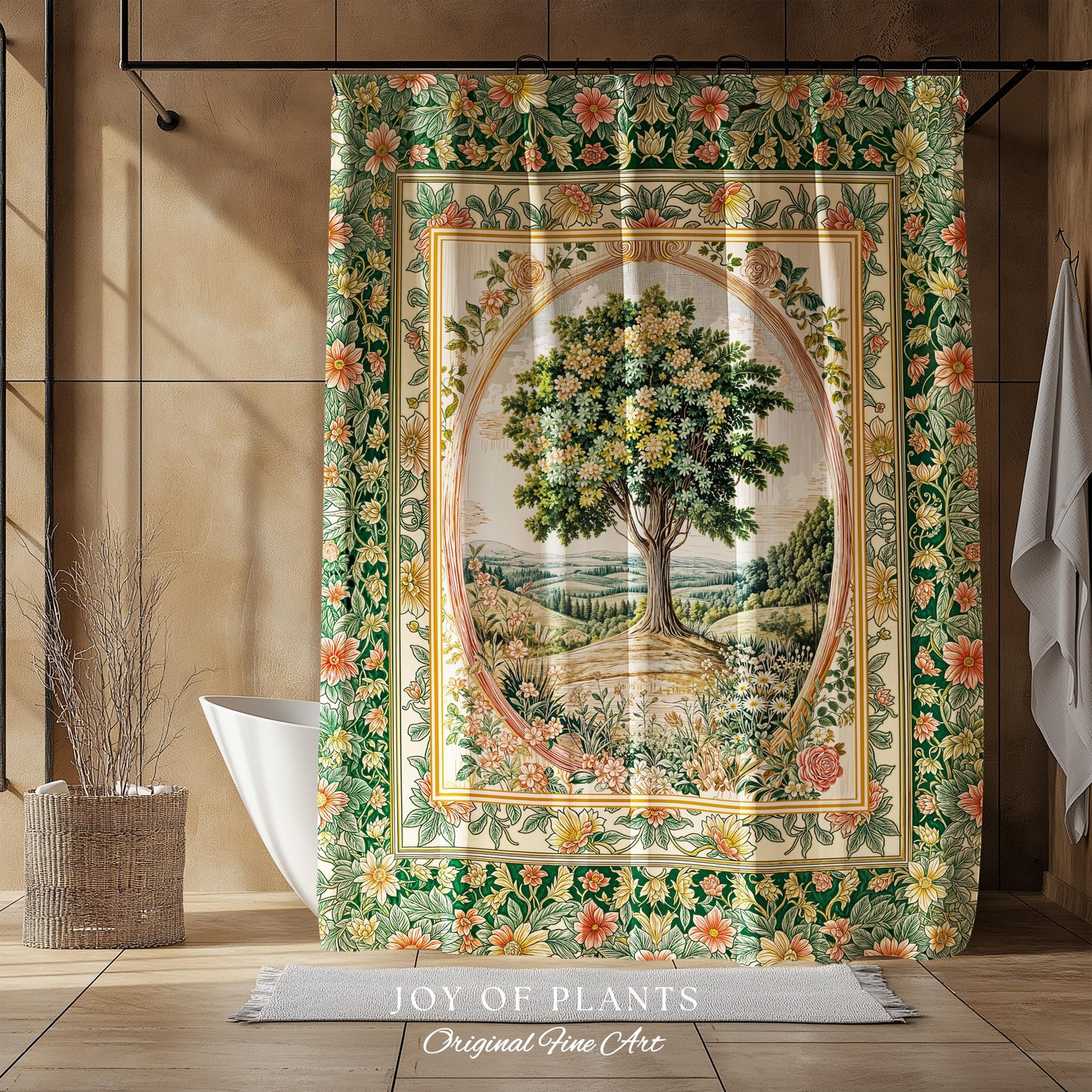 Chateau Garden Tree of Life Shower Curtain | French Provincial Landscape Antique Floral Accent Romantic Aesthetic Victorian Bathroom Decor |
