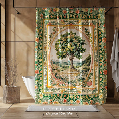 Chateau Garden Tree of Life Shower Curtain | French Provincial Landscape Antique Floral Accent Romantic Aesthetic Victorian Bathroom Decor |