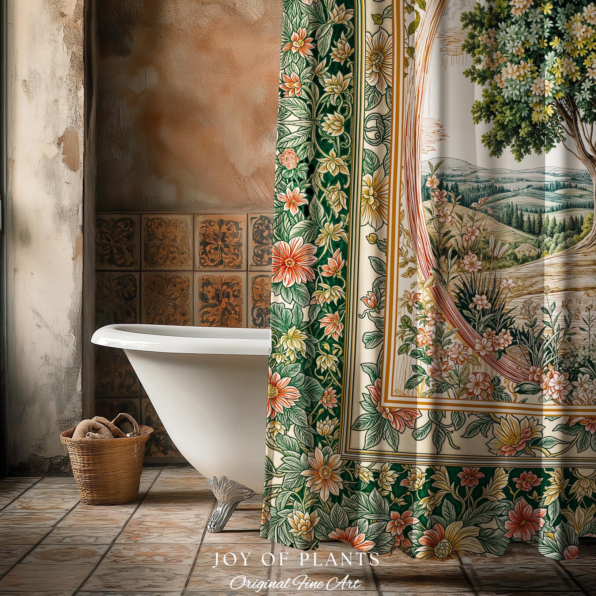 Chateau Garden Tree of Life Shower Curtain | French Provincial Landscape Antique Floral Accent Romantic Aesthetic Victorian Bathroom Decor |
