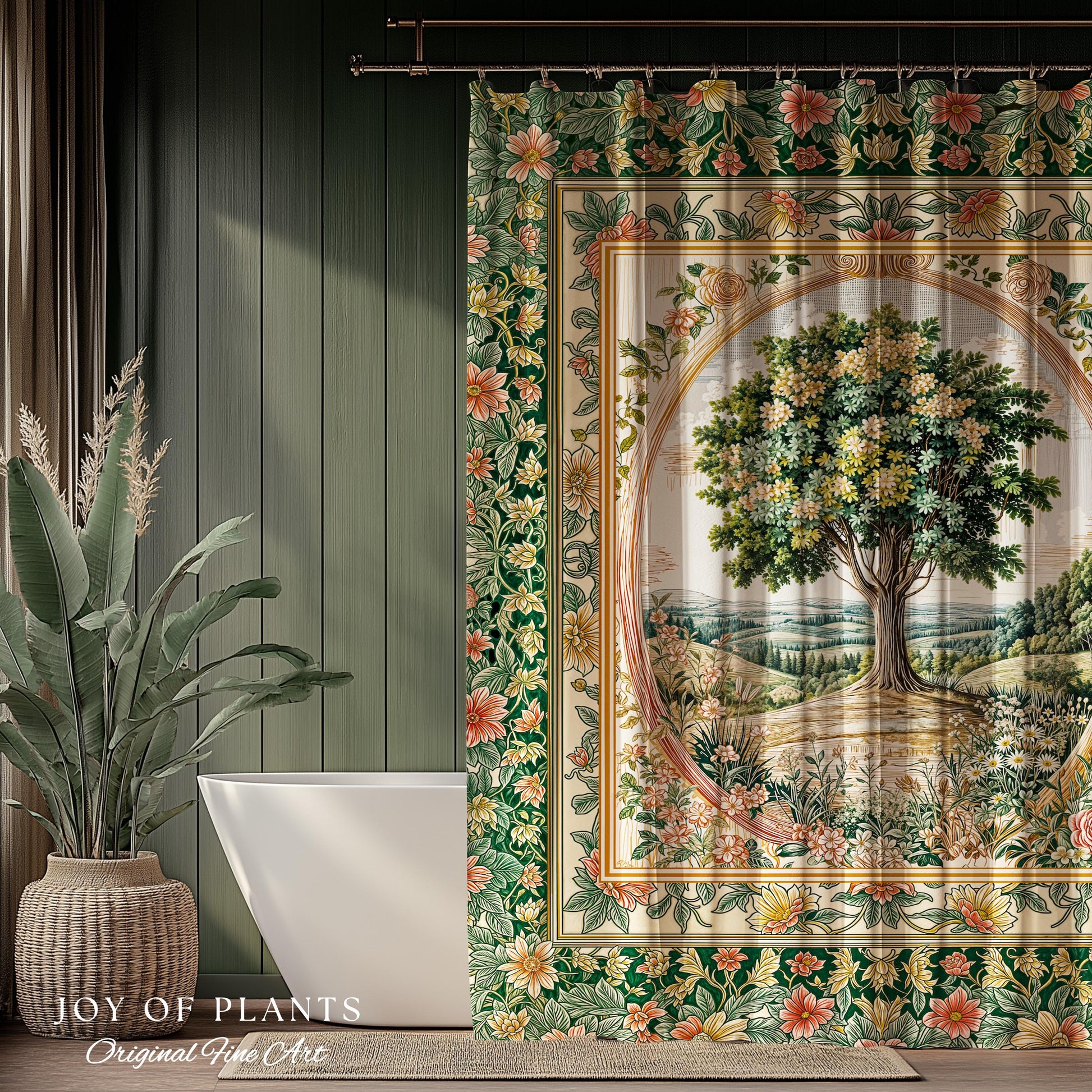 Chateau Garden Tree of Life Shower Curtain | French Provincial Landscape Antique Floral Accent Romantic Aesthetic Victorian Bathroom Decor |