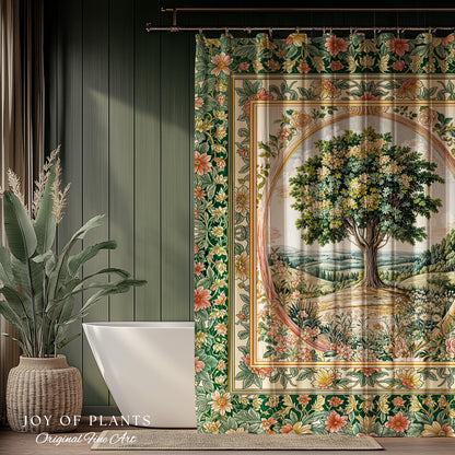 Chateau Garden Tree of Life Shower Curtain | French Provincial Landscape Antique Floral Accent Romantic Aesthetic Victorian Bathroom Decor |