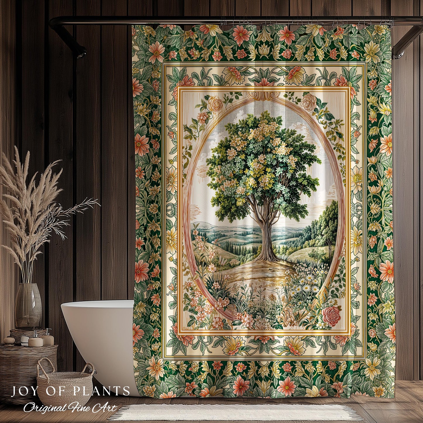 Chateau Garden Tree of Life Shower Curtain | French Provincial Landscape Antique Floral Accent Romantic Aesthetic Victorian Bathroom Decor |