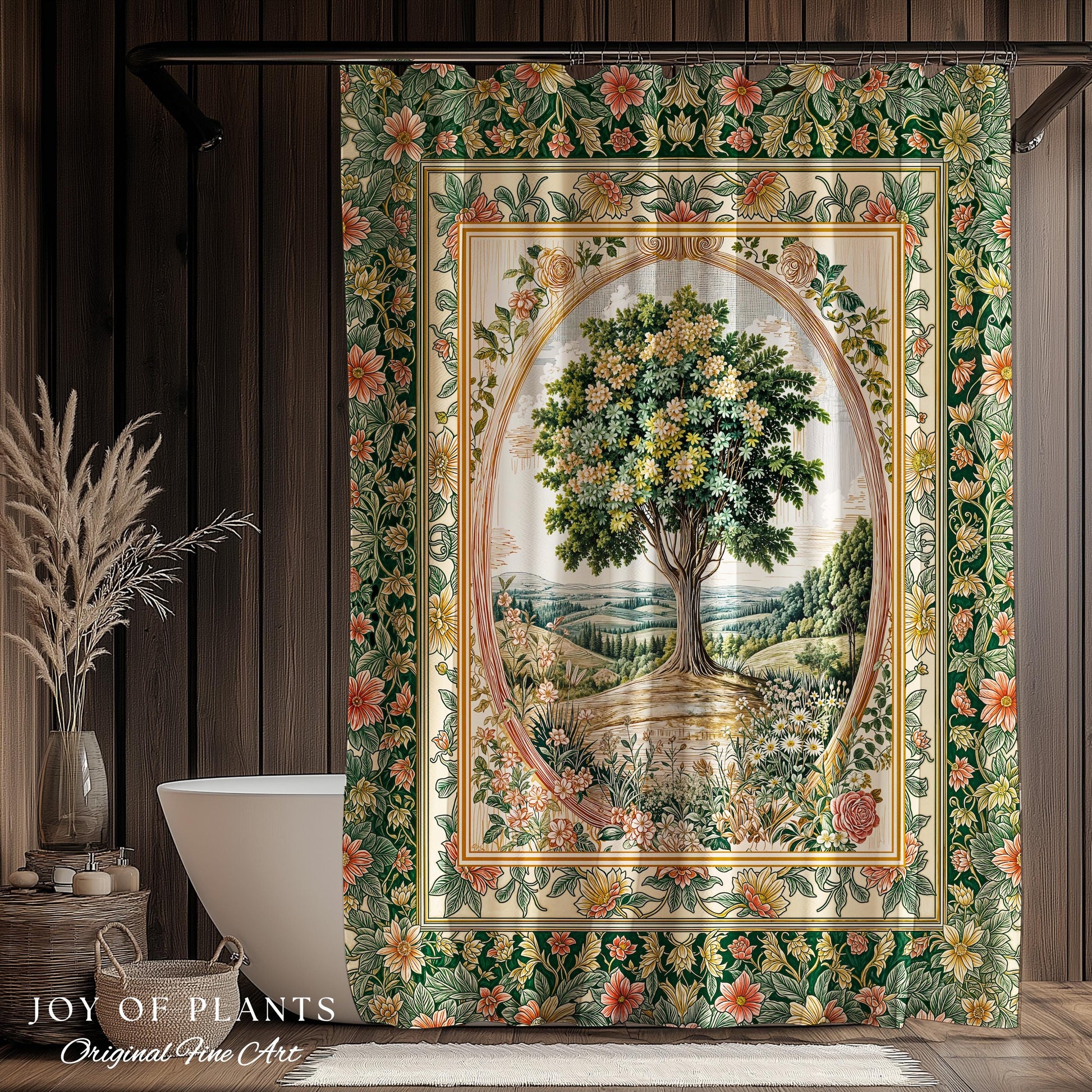 Chateau Garden Tree of Life Shower Curtain | French Provincial Landscape Antique Floral Accent Romantic Aesthetic Victorian Bathroom Decor |