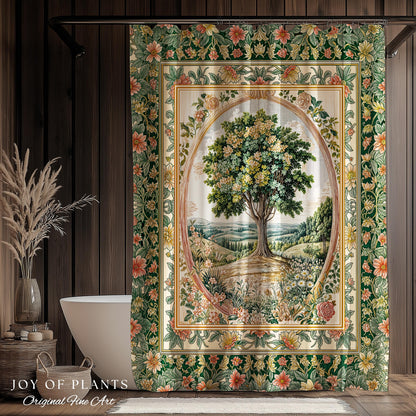 Chateau Garden Tree of Life Shower Curtain | French Provincial Landscape Antique Floral Accent Romantic Aesthetic Victorian Bathroom Decor |