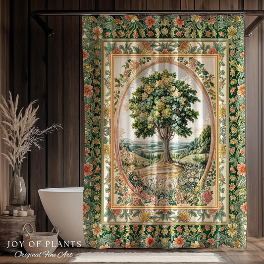 Chateau Garden Tree of Life Shower Curtain | French Provincial Landscape Antique Floral Accent Romantic Aesthetic Victorian Bathroom Decor |