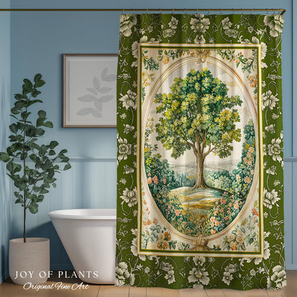 Victorian Soft Aesthetic Tree of Life Shower Curtain | Romantic Botanical Regency Decor Floral Enchanted Forest Green Cottagecore Bathroom |
