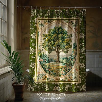 Victorian Soft Aesthetic Tree of Life Shower Curtain | Romantic Botanical Regency Decor Floral Enchanted Forest Green Cottagecore Bathroom |