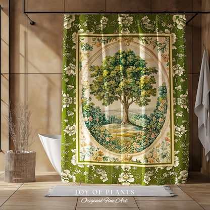 Victorian Soft Aesthetic Tree of Life Shower Curtain | Romantic Botanical Regency Decor Floral Enchanted Forest Green Cottagecore Bathroom |