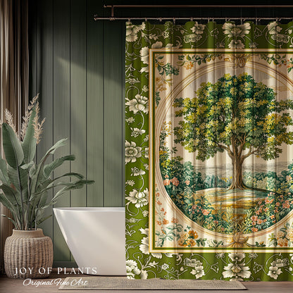 Victorian Soft Aesthetic Tree of Life Shower Curtain | Romantic Botanical Regency Decor Floral Enchanted Forest Green Cottagecore Bathroom |