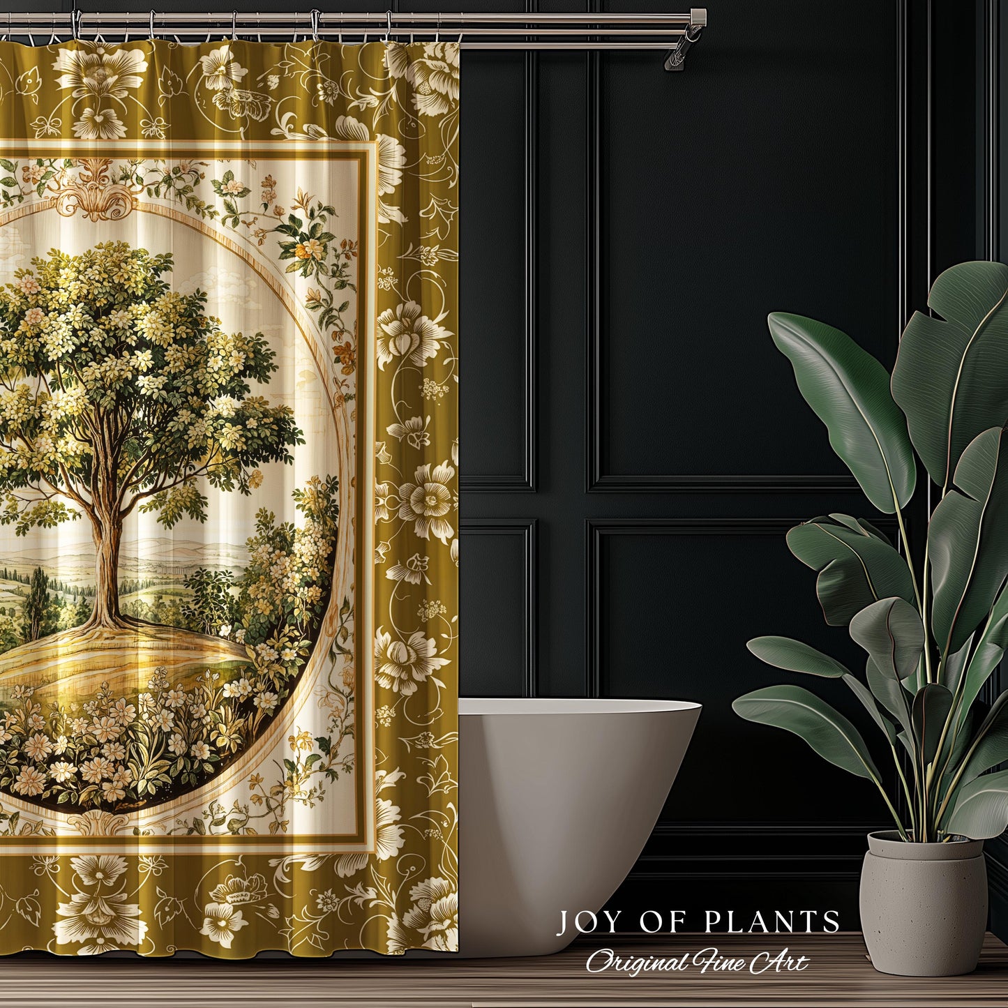 French Countryside Botanical Tree Shower Curtain | Victorian Garden Romantic Country Floral Pastoral Scene Antique Style Cottage Aesthetic