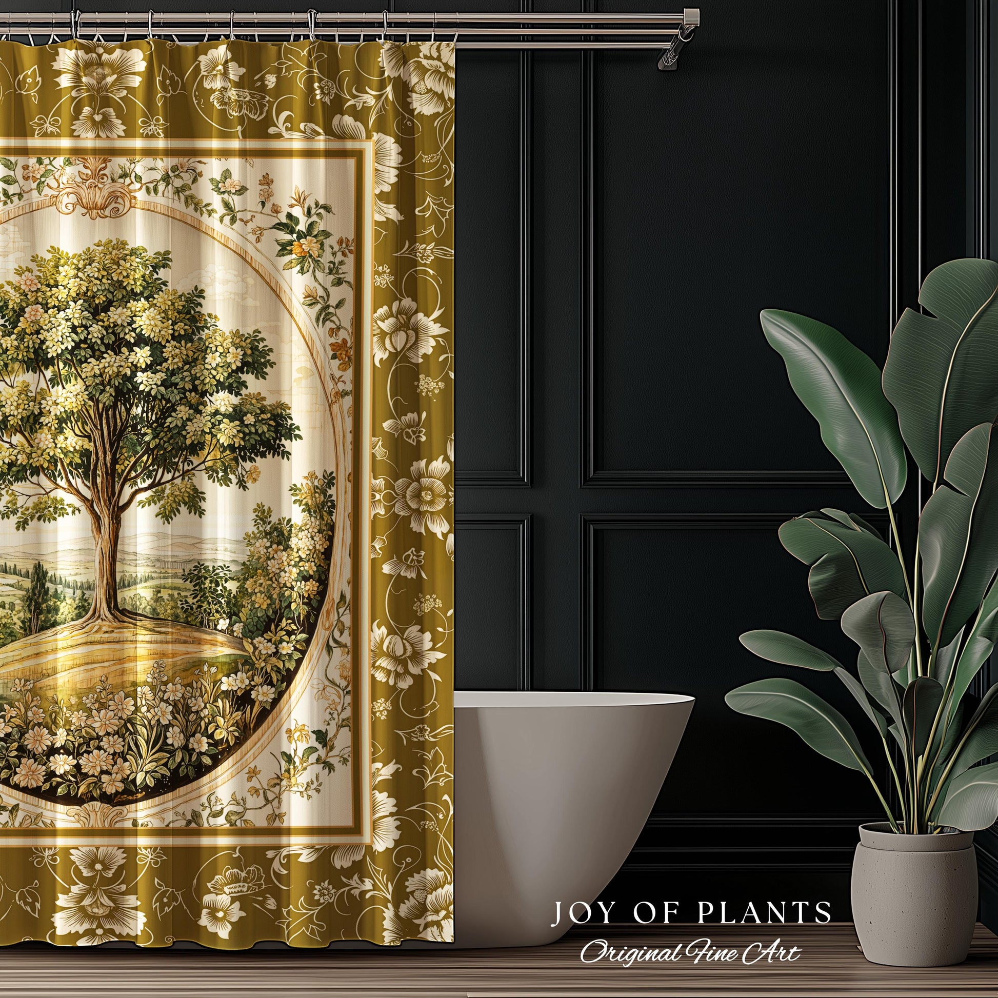 French Countryside Botanical Tree Shower Curtain | Victorian Garden Romantic Country Floral Pastoral Scene Antique Style Cottage Aesthetic