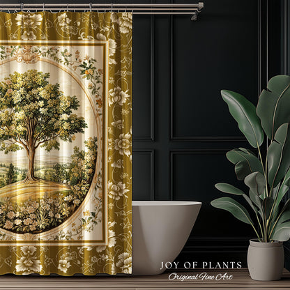 French Countryside Botanical Tree Shower Curtain | Victorian Garden Romantic Country Floral Pastoral Scene Antique Style Cottage Aesthetic
