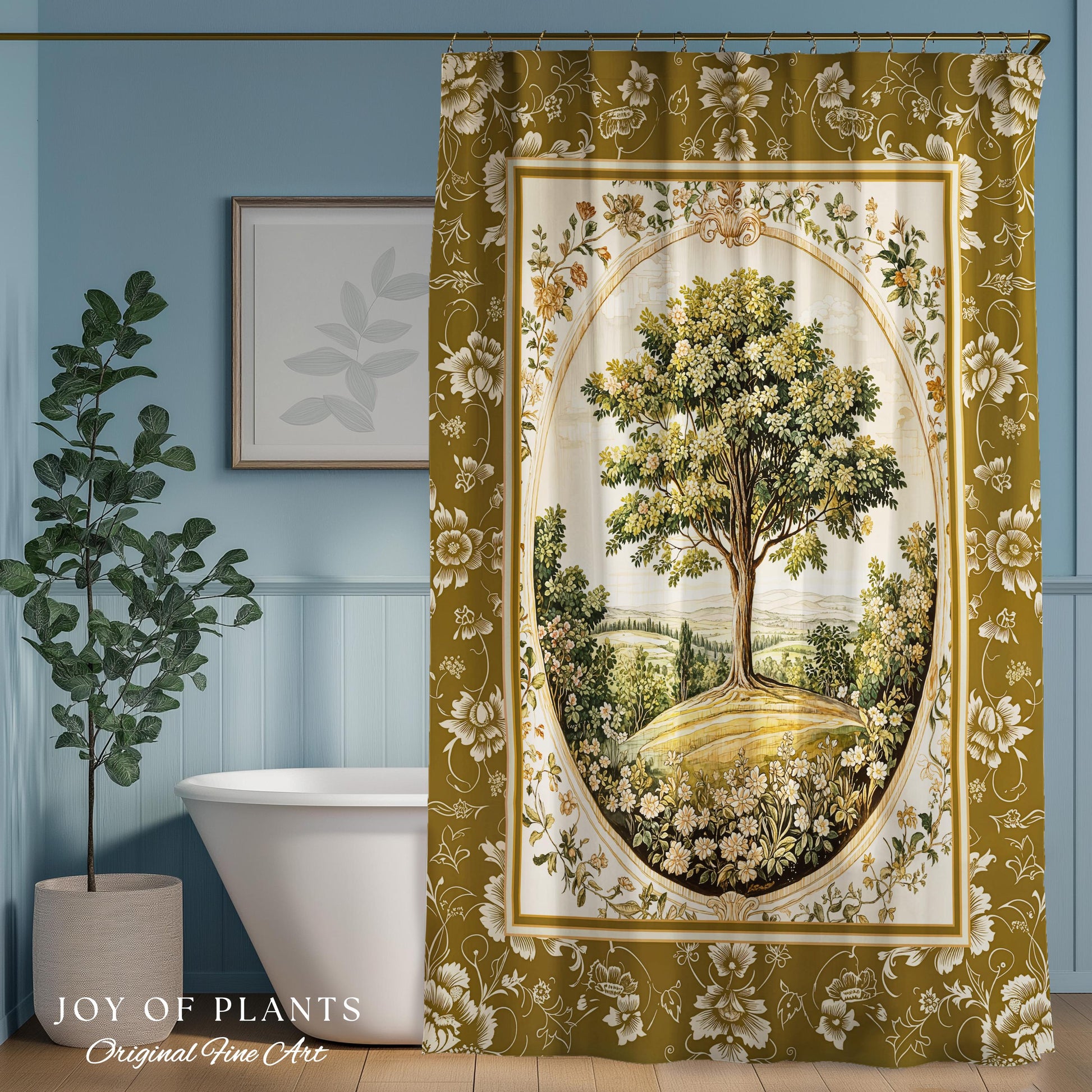 French Countryside Botanical Tree Shower Curtain | Victorian Garden Romantic Country Floral Pastoral Scene Antique Style Cottage Aesthetic