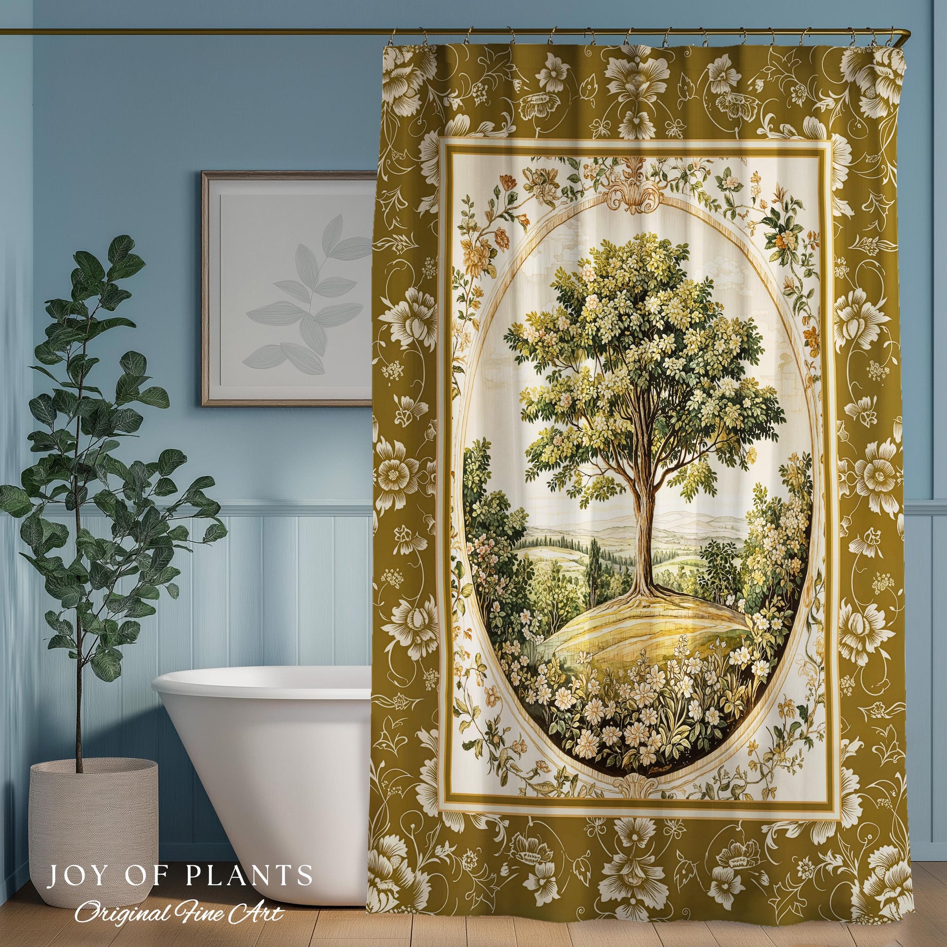 French Countryside Botanical Tree Shower Curtain | Victorian Garden Romantic Country Floral Pastoral Scene Antique Style Cottage Aesthetic