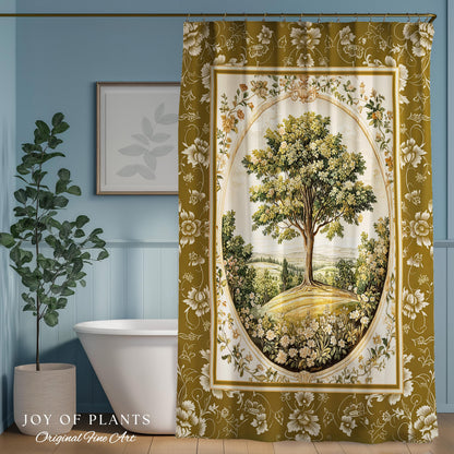 French Countryside Botanical Tree Shower Curtain | Victorian Garden Romantic Country Floral Pastoral Scene Antique Style Cottage Aesthetic