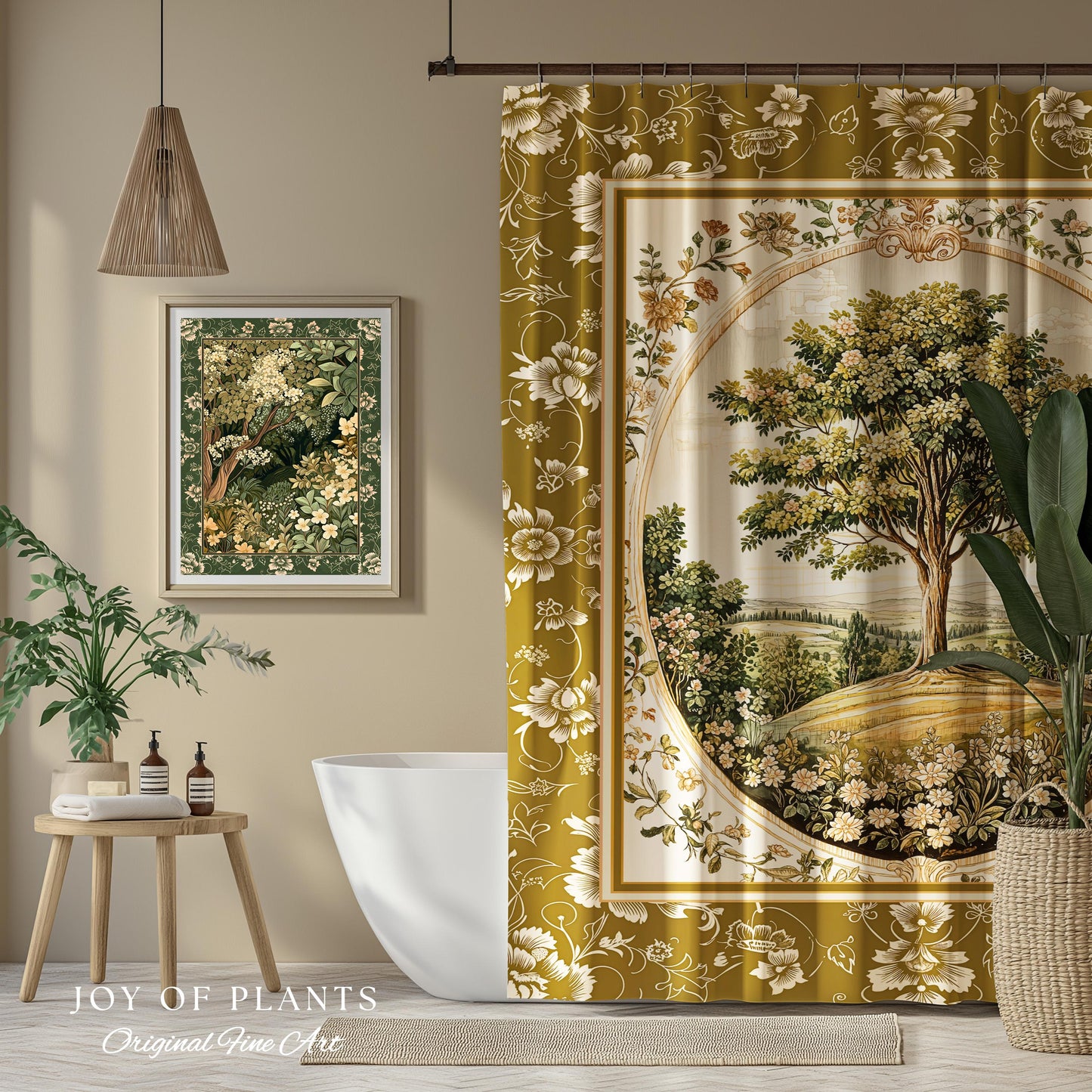 French Countryside Botanical Tree Shower Curtain | Victorian Garden Romantic Country Floral Pastoral Scene Antique Style Cottage Aesthetic