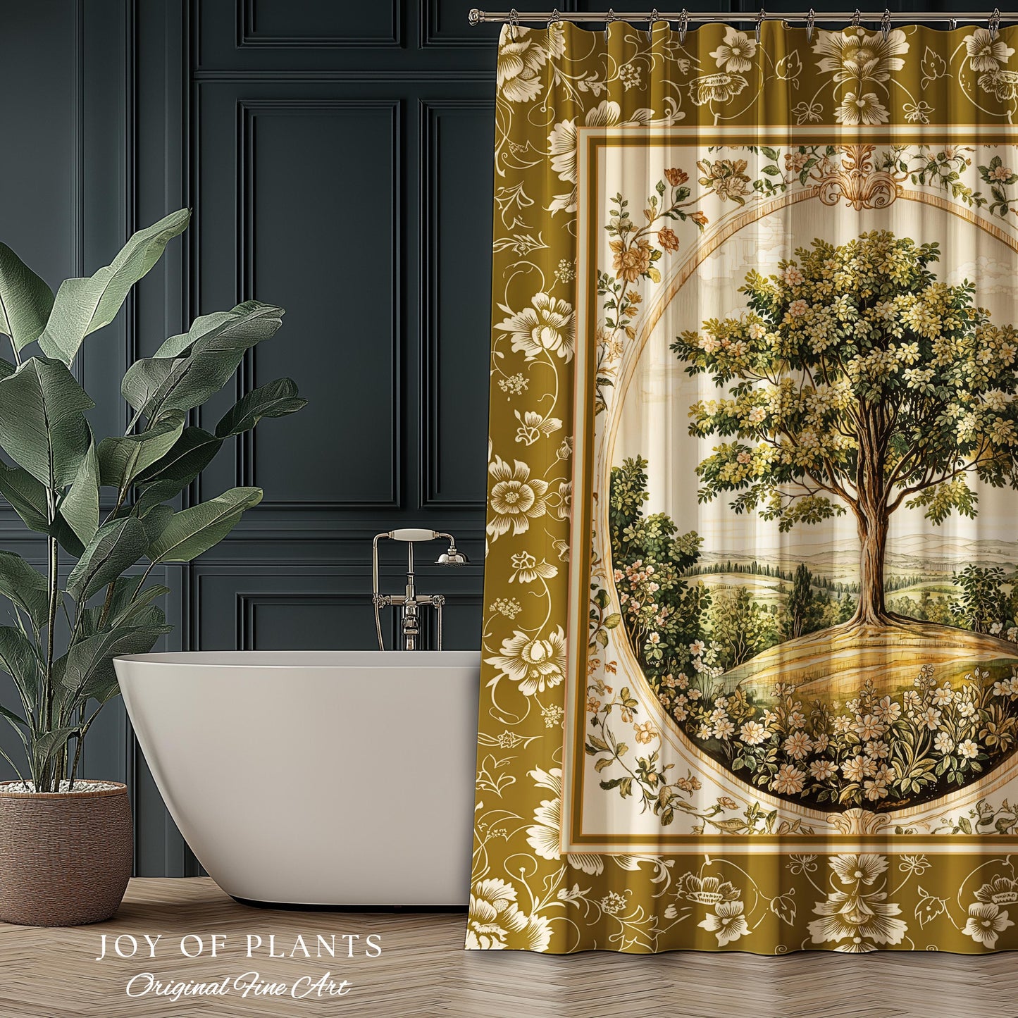French Countryside Botanical Tree Shower Curtain | Victorian Garden Romantic Country Floral Pastoral Scene Antique Style Cottage Aesthetic