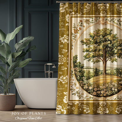 French Countryside Botanical Tree Shower Curtain | Victorian Garden Romantic Country Floral Pastoral Scene Antique Style Cottage Aesthetic