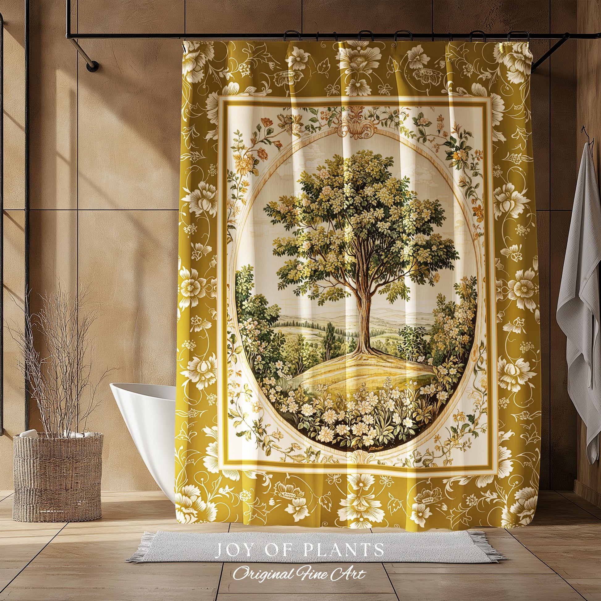 French Countryside Botanical Tree Shower Curtain | Victorian Garden Romantic Country Floral Pastoral Scene Antique Style Cottage Aesthetic