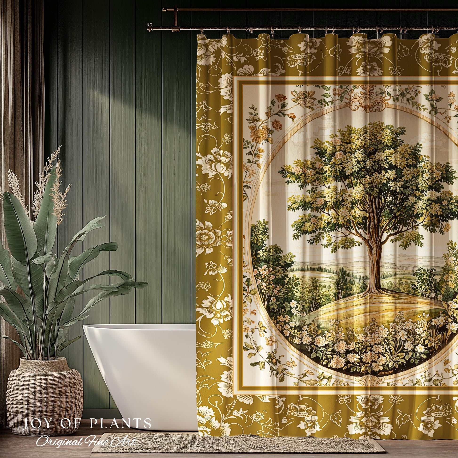 French Countryside Botanical Tree Shower Curtain | Victorian Garden Romantic Country Floral Pastoral Scene Antique Style Cottage Aesthetic