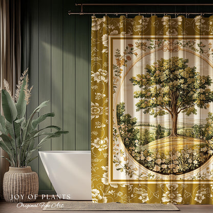 French Countryside Botanical Tree Shower Curtain | Victorian Garden Romantic Country Floral Pastoral Scene Antique Style Cottage Aesthetic