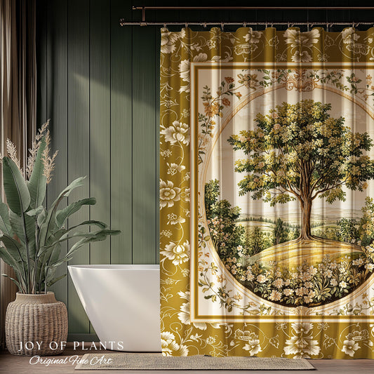 French Countryside Botanical Tree Shower Curtain | Victorian Garden Romantic Country Floral Pastoral Scene Antique Style Cottage Aesthetic