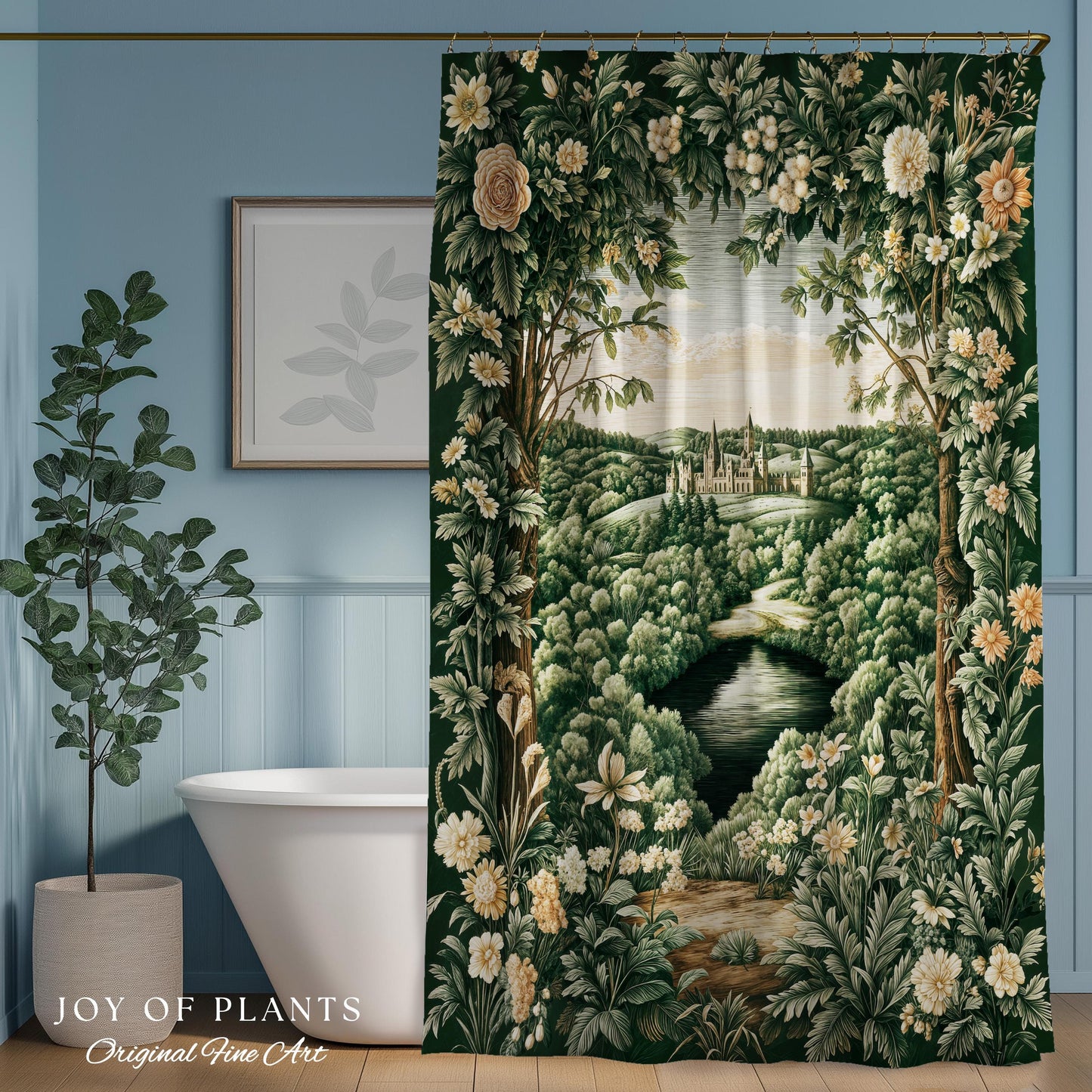 Castle Landscape Botanical Shower Curtain | Fairytale Aesthetic Mystic Garden Bathroom Fairycore Woodland Nature Princesscore Bathroom Decor